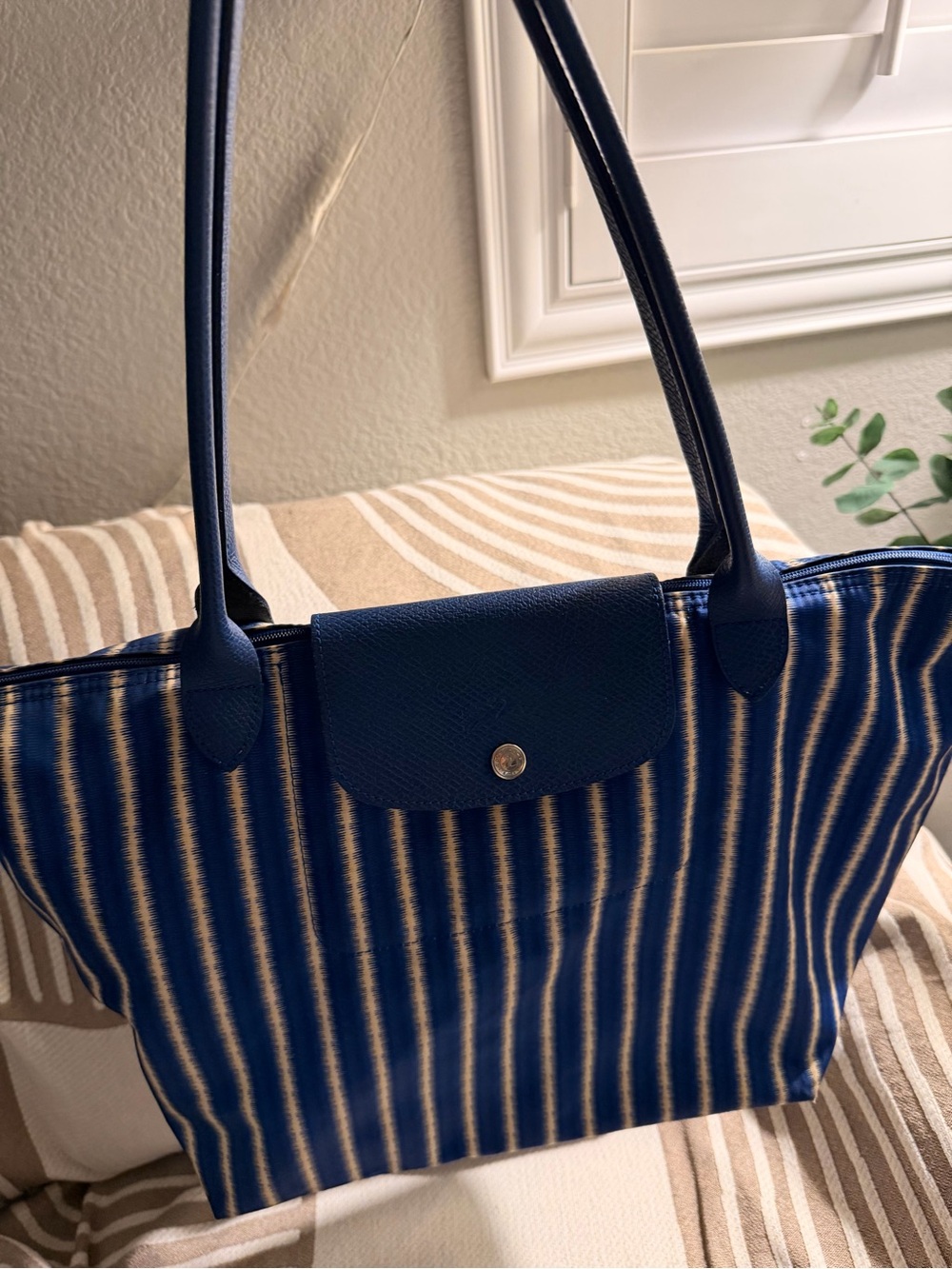 Longchamp Blue and Cream Vertical Stripe Tote - Picture 4 of 6